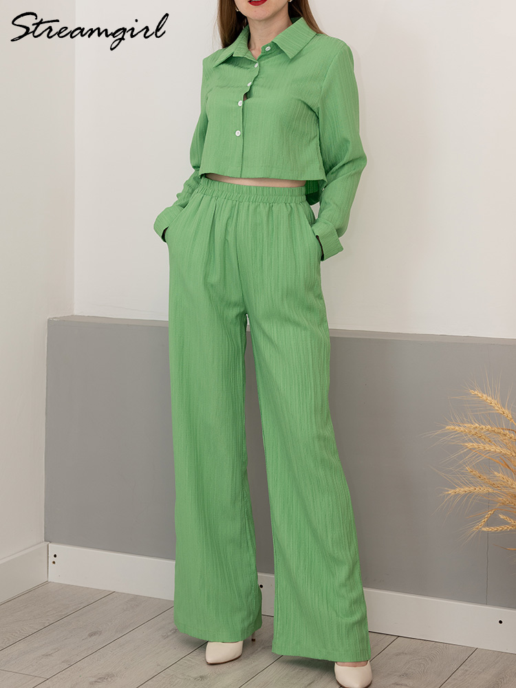 Sommersæt med crop top og bukser til kvinder, 2- delte lige bukser, damejakkesæt, 2-delte sæt til kvinder, skjorte og bukser