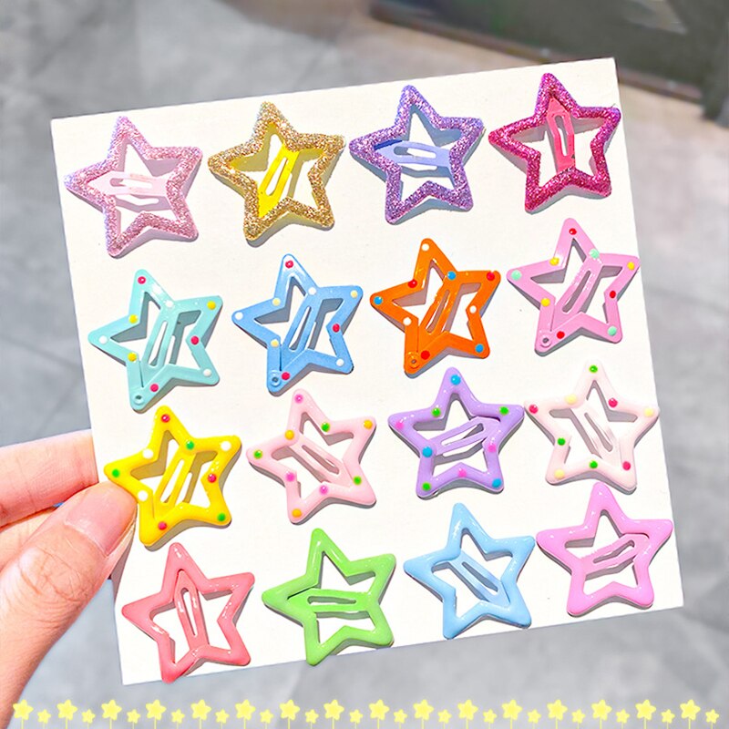 10/12pcs Cute Baby Girl Hair Clips Cartoon Snap Button Candy Color Star Shape Hair Clip Non-Slip Baby Clip Kids Accessories
