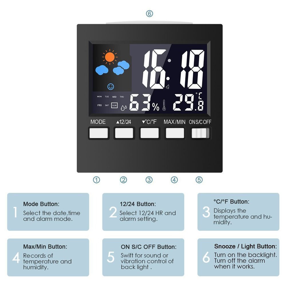 Weer Klok Kleur Screen Digitale Display Thermometer Vochtigheid Klok Kleurrijke Alarm Kalender Weer Elektronische Wekker