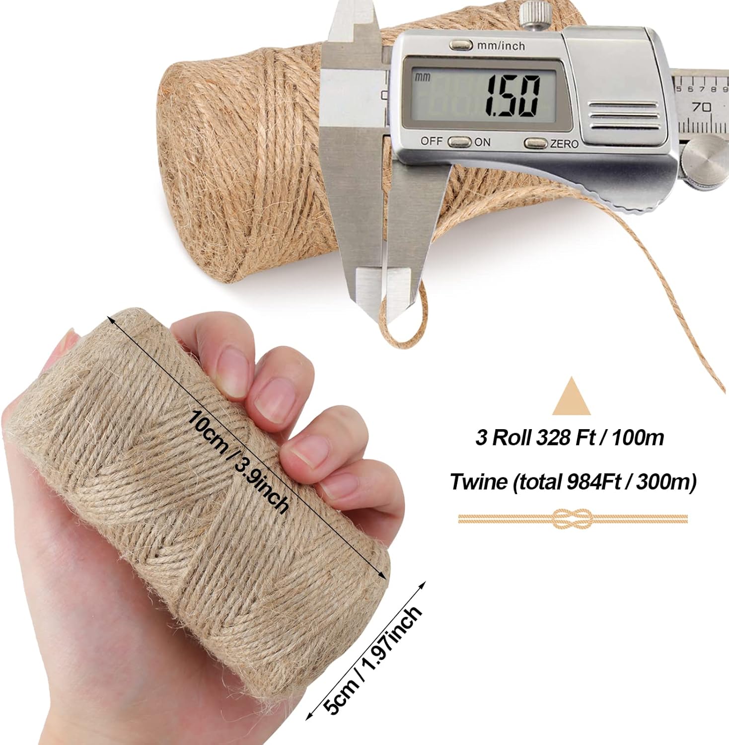 Spago di iuta naturale, spago da 1,5 mm, spago di canapa sottile per piante da giardinaggio, confezioni regalo, decorazioni per matrimoni, corde da imballaggio