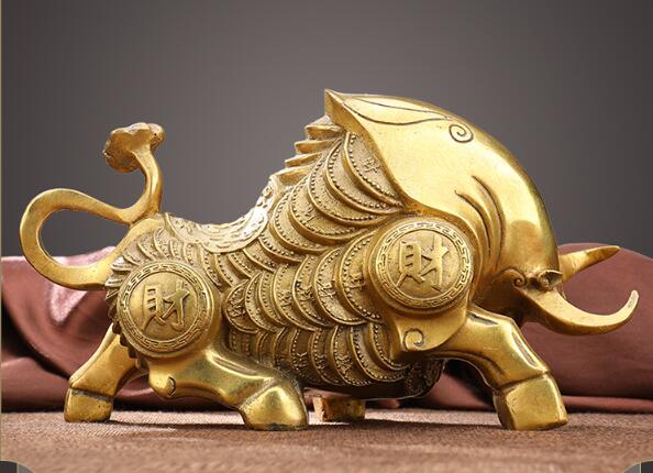 Medium Size Brass Bronze Wall Street Fierce Bull OX Figure Statue 7" Long