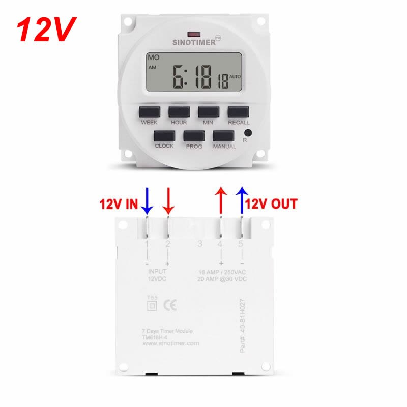 TM618H 5V 12V 24V 120V 220V Digital 7 Day Weekly Programmable Timer Switch Relay 50JC: 12V
