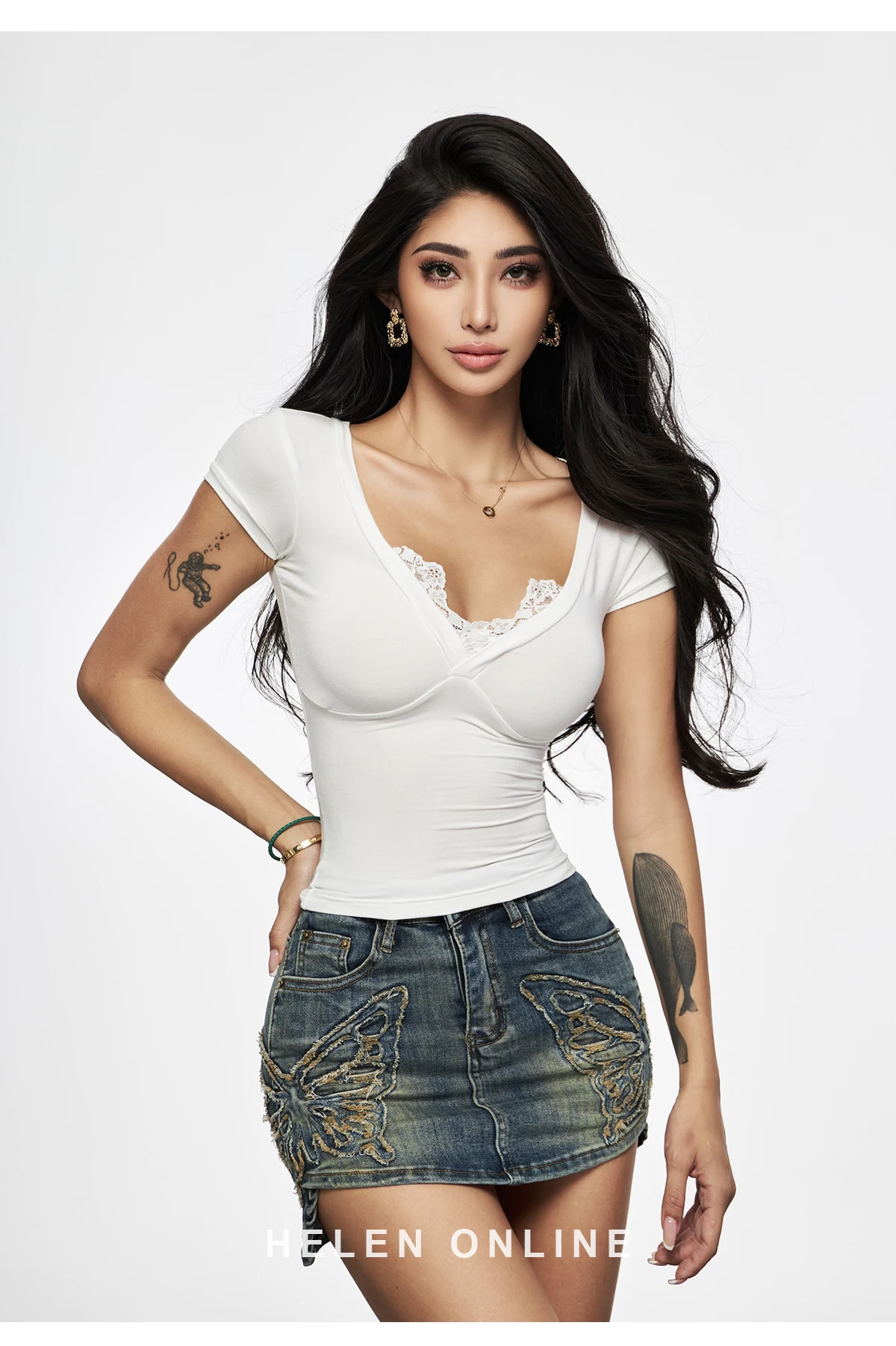 Spitze V-Ausschnitt Sommer Ernte Spitzen Frauen Kurzarm Spitzen sexy Unterseite ing Blusen T-Shirt: M / Weiß