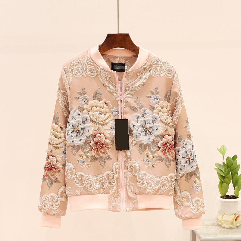vintage Jacquard Satin embroidery jacket for woman beading floral embroidery long sleeve pink Baseball coat runway outfit