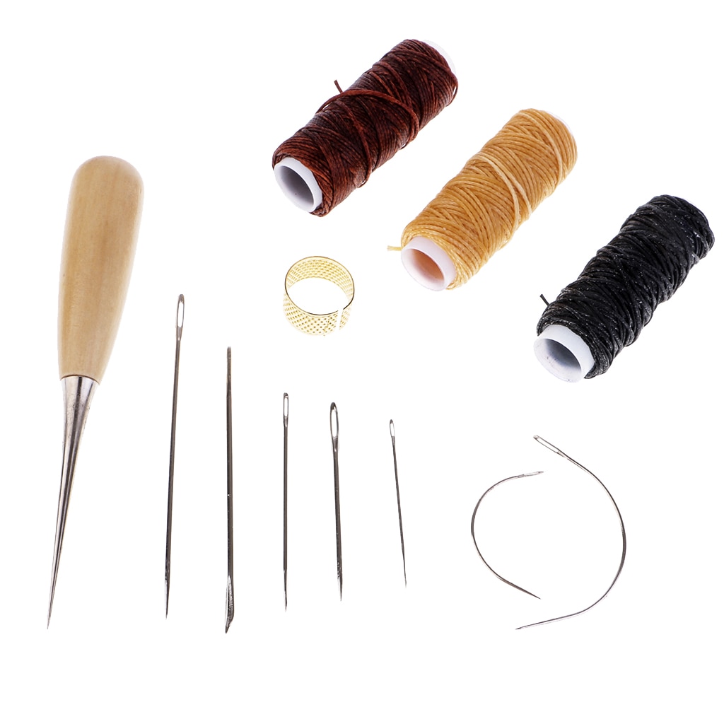 12 pièces/ensemble artisanat cuir bricolage couture outil ciré fil aiguilles forage Awl