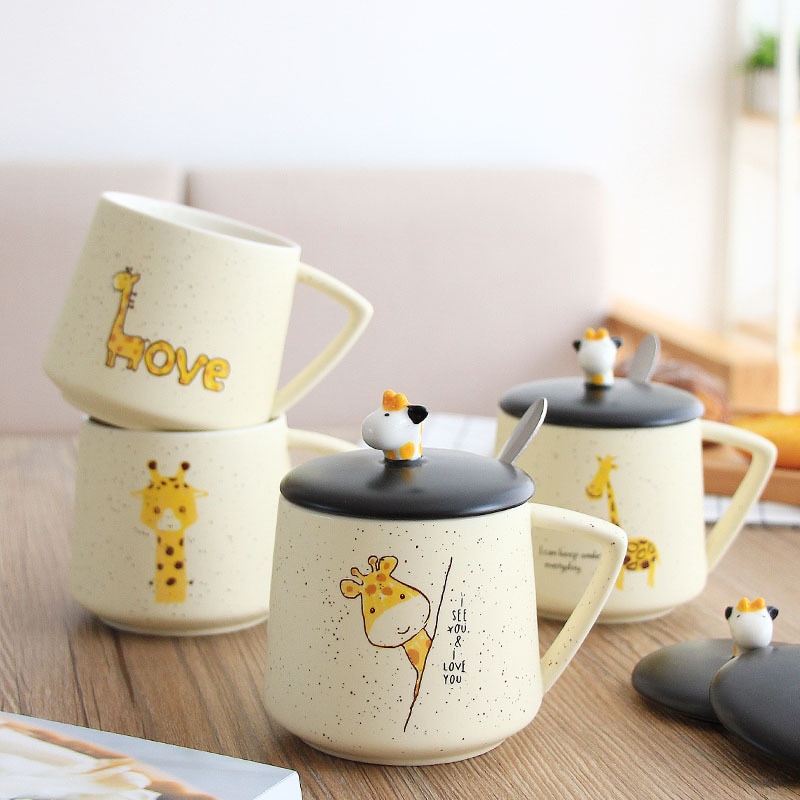 Creatieve Keramische Mok Coffe Melk Sap Dranken Cup 3D Giraffe Cover met Lepel voor minnaar Studengt's