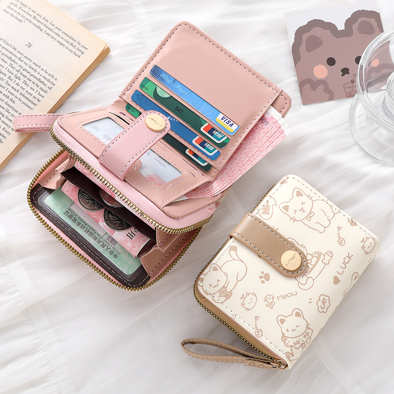 Minimalist Cute Cat Wallet Women Japanese Style Snap Closure Coin Pocket Hand Strap Multi-Function