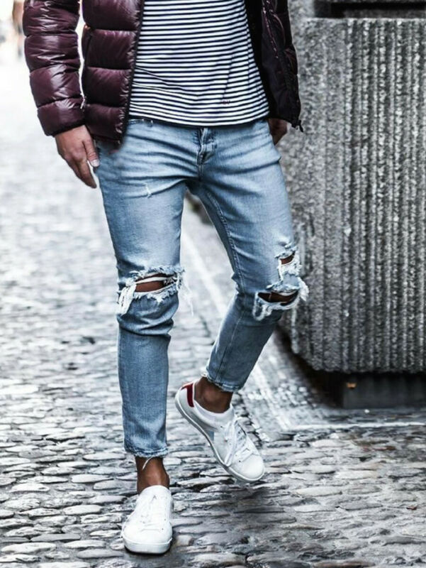 Skinny jeans herre rip slim fit stretch denim distress flossede biker jeans bukser os