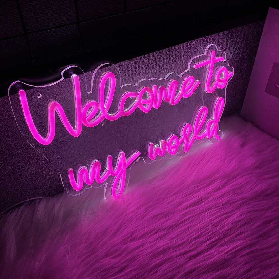 Welcome To My World letrero Led de neón, letreros de letras para decoración de pared, letreros de luces de neón rosas con alimentación USB para dormitorio, Gameroom