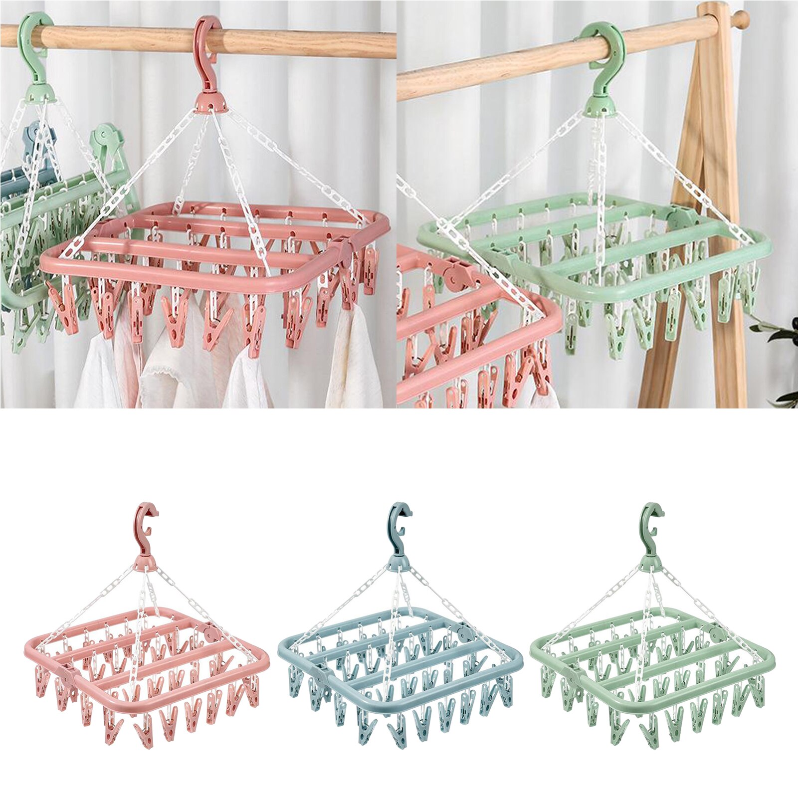 32 Peg Foldable Clip Hangers, Underwear Hanger with Clips, Plastic Laundry Clip and Drip Drying Hanger for Socks, Bras, Clothes
