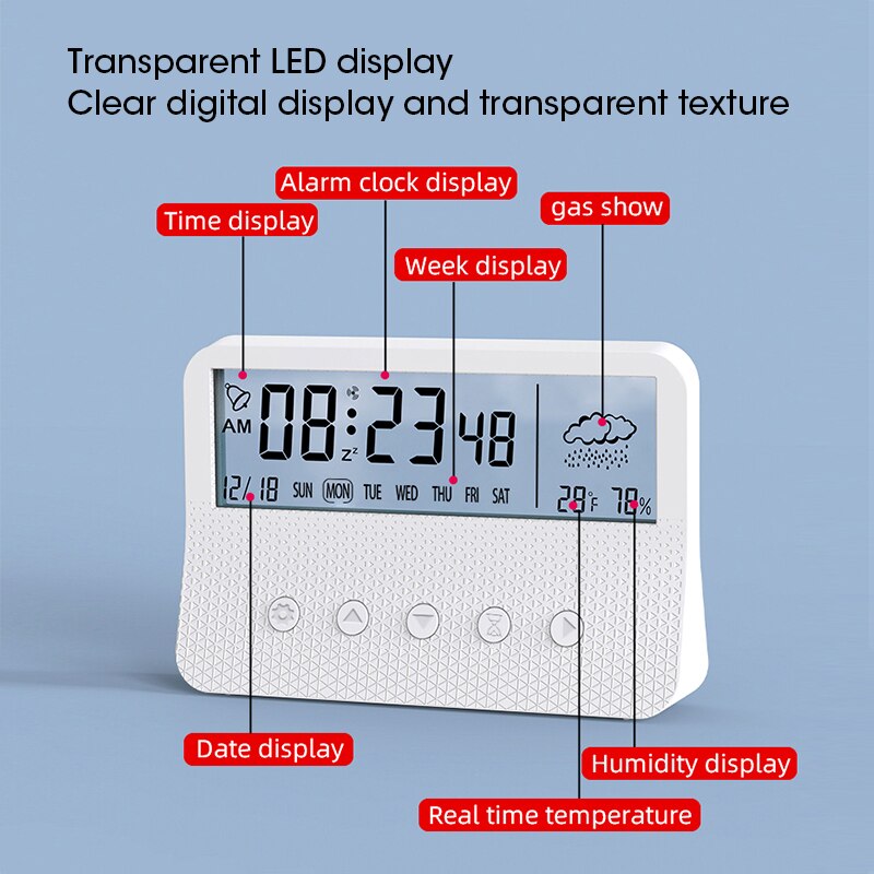 Transparent LED Luminous Digital Alarm Clock Mute Smart Rechargeable Electronic Clock Mute Humidity Calendar Desktop Alarm Clock