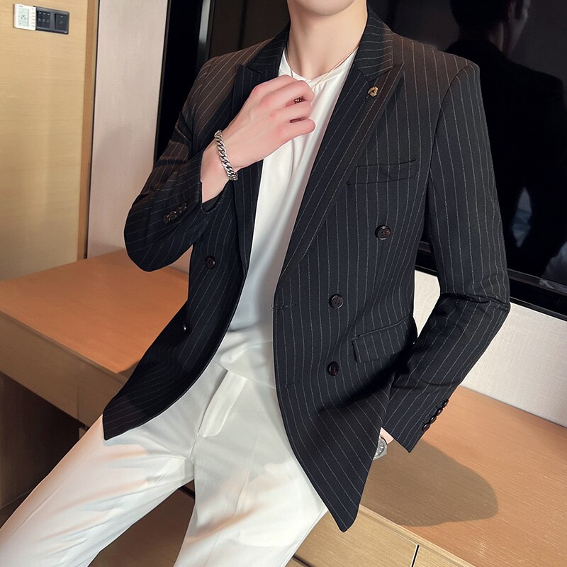 Black/Gray Mens Business Formal Suit Jacket Double Breasted Striped Blazer Mens British Style Slim Fit Casual Wedding Suit Coats: black / Asian 3XL 78-83KG