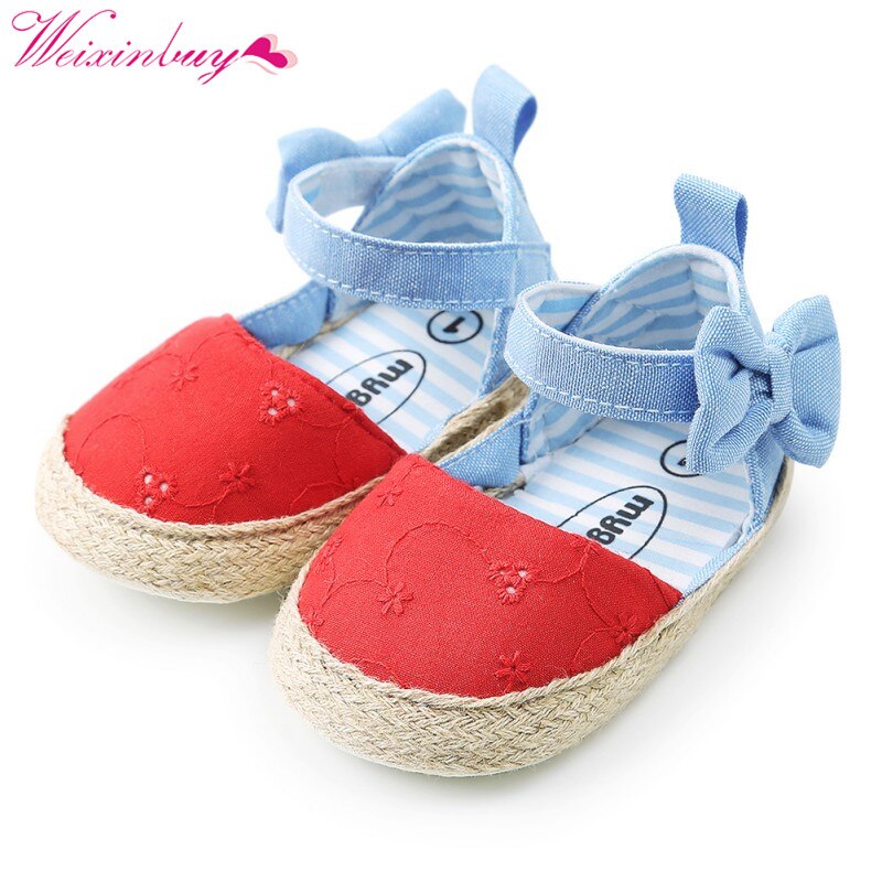 Girl Sandals Summer Baby Shoes Cotton Classic Embroidered Bow Stripes Baby Girl Shoes Baby Sandals Casual Girl Sandals: Red / 13-18 Months