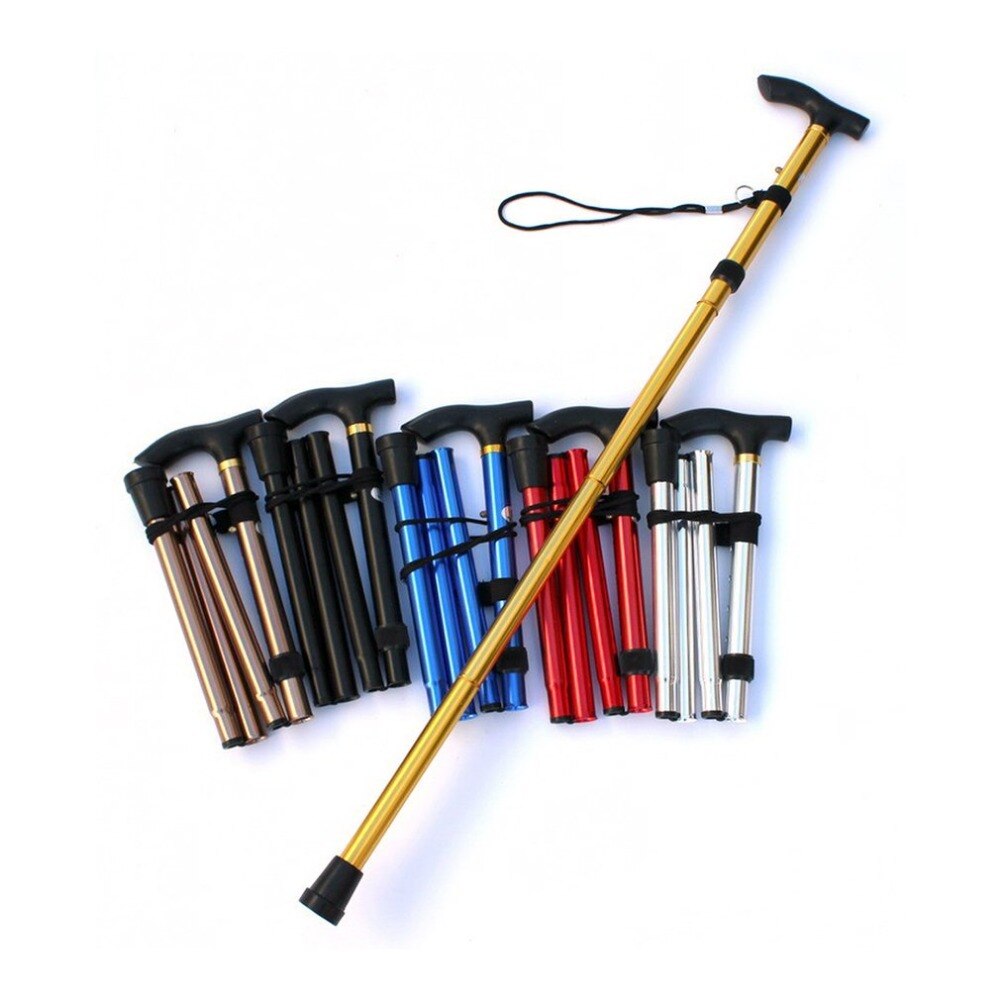 Aluminum Metal Four Sections Walking Stick Easy Adjustable Foldable Collapsible Travel Cane Camping Trekking Stick