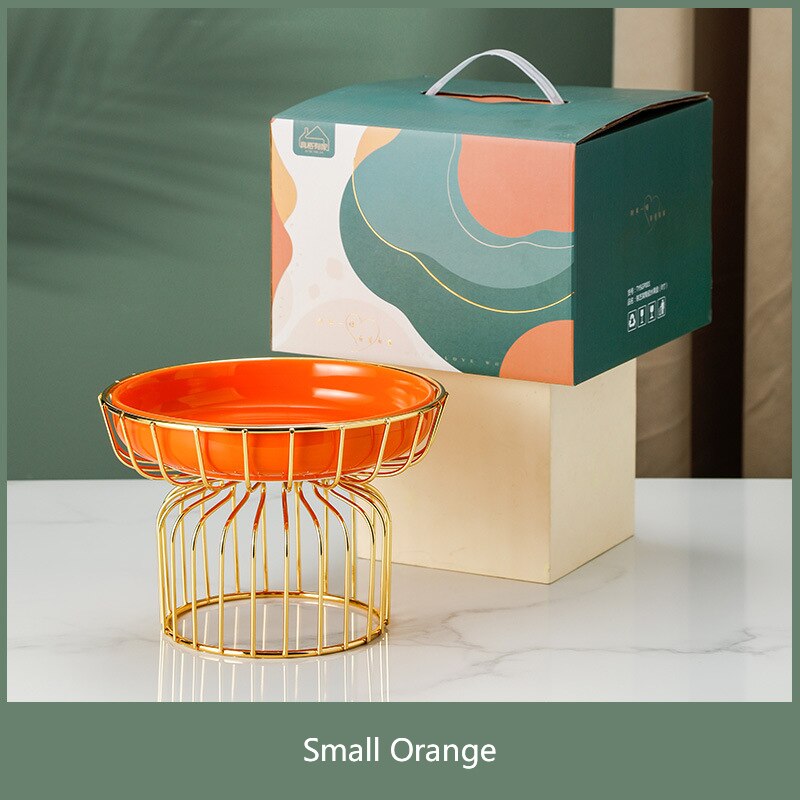 Houseware Fruit Plate Wrought Iron Frame Ceramic Dessert Plate Candy Plate Tall Fruit Plate Box Set With Souvenirs: Orange B