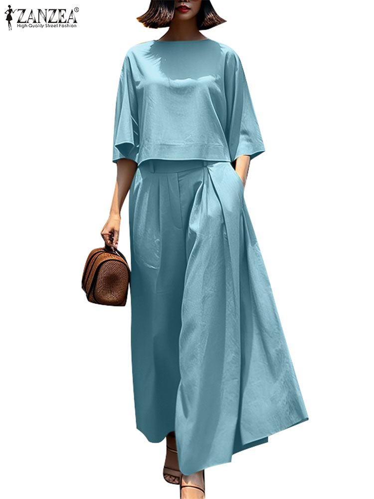 ZANZEA Summer 2pcs Outfits Women Pant Sets Baggy Blouse Wide Leg Trousers Suit Solid Work Tracksuits Matching Sets