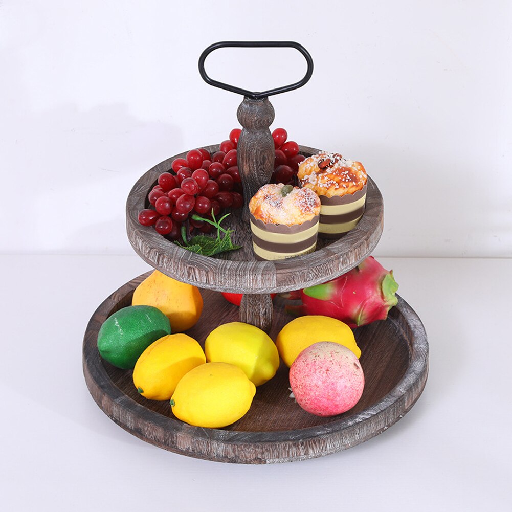 Home Countertop Two Tier Tray Decorative Organizer Breakfast Wood With Handle For Kitchen Store Fruit Snacks Cupcakes Easy Clean