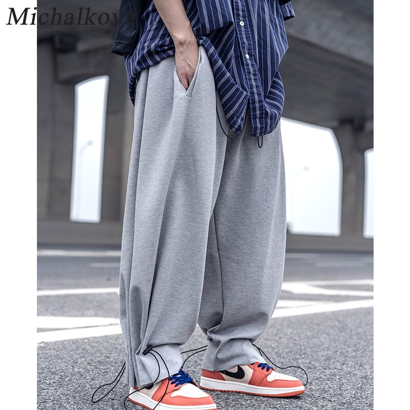 Cordón de gran tamaño ropa de hombre Pantalones Haren pantalones Hip hop punk de Harajuku oscuro ropa de calle con cintura elástica pantalón michalkova: M / Gris