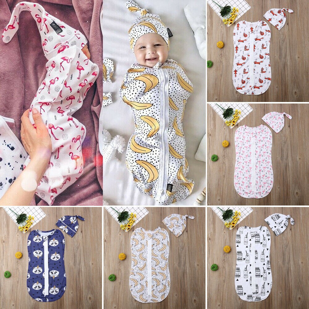 5 Styles 0-6month -né infantile enfants bébé filles garçons sacs de couchage + chapeaux dessin animé impression automne fermeture éclair sommeil couverture 2 pièces