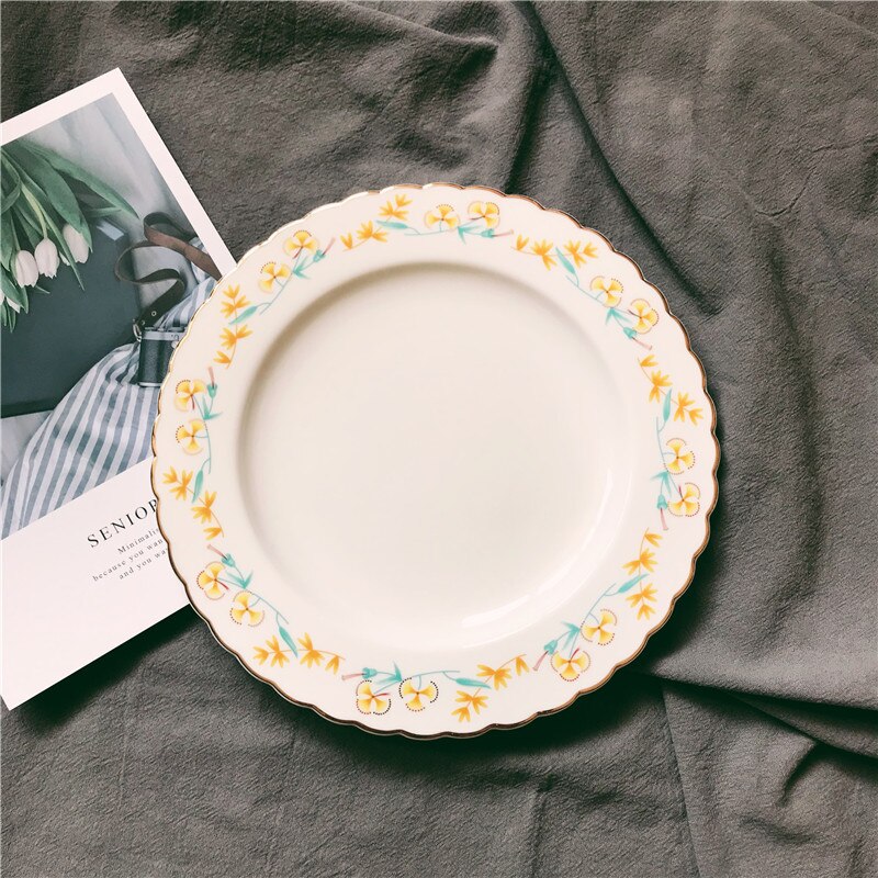 1 st servis målning guldinlägg vintage färgglad blommig 8 tums keramisk tallrik middag porslinstårta snack dessert tallrik: Gula blommor