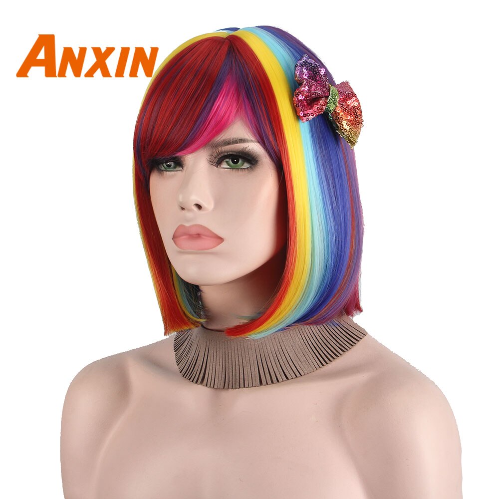 Halloween Kostuums Cosplay Pruiken Voor Zwarte Vrouwen Wit Dames Kleur Regenboog Bob Synthetische Haren Met Pony Straight Natural Party