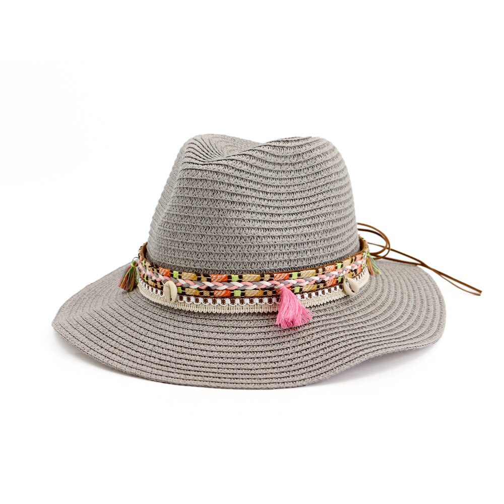 Hoaree strå solhatt vit panama hatt strand dam sommar kepsar sombrero kvinnlig fedora casual dam chapeau: Grå