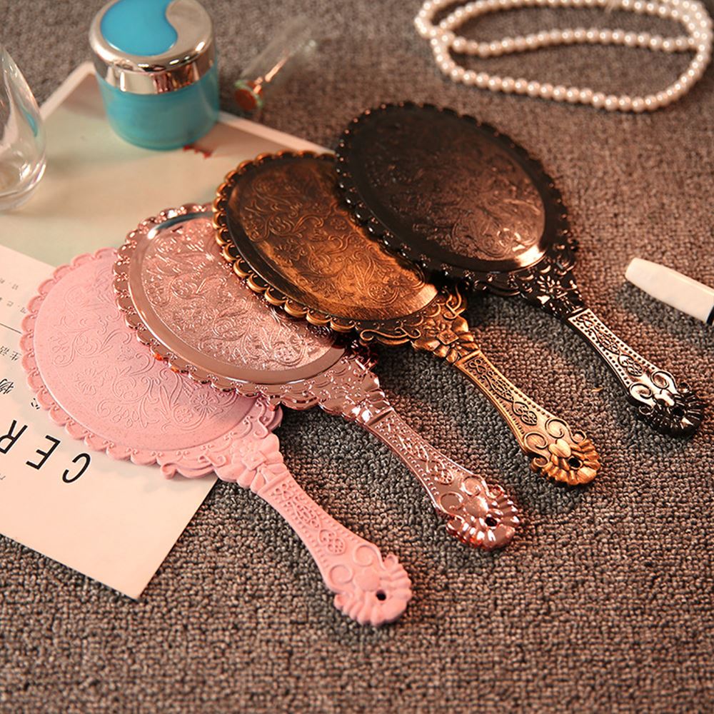 Bærbart vintage spejl håndholdt makeup spejl pink blomstret ovalt rundt kosmetisk håndholdt spejl med håndtag til rejser