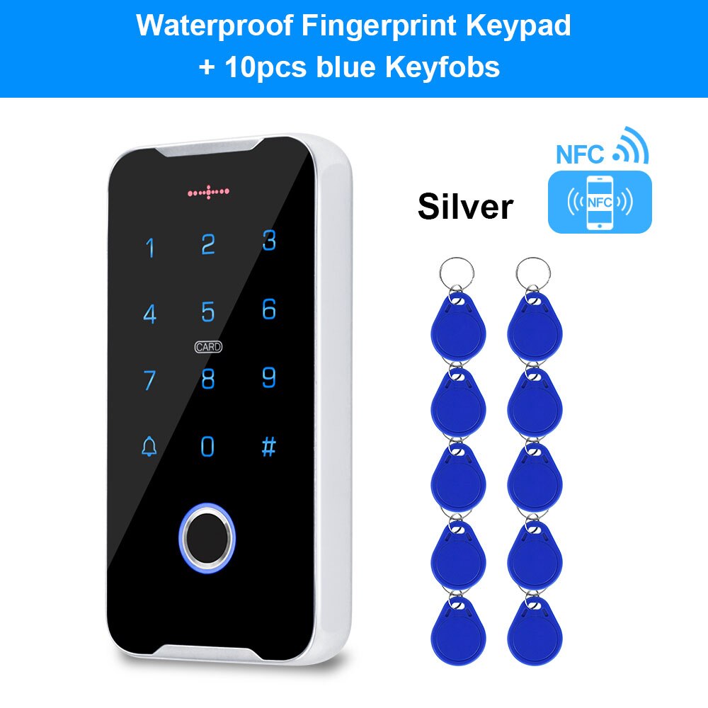 Mobile Phone NFC Access Control Keypad RFID Keyboard Access Controller System Fingerprint IP68 Waterproof 13.56MHz Card Reader: Silver with 10 Keys