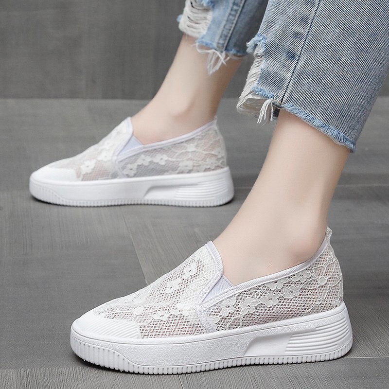 Respirant Polka Lace mocassins femme sans lacet mocassins peu profonds chaussures femmes patchwork bout rond maille espadrilles plat: white / 5