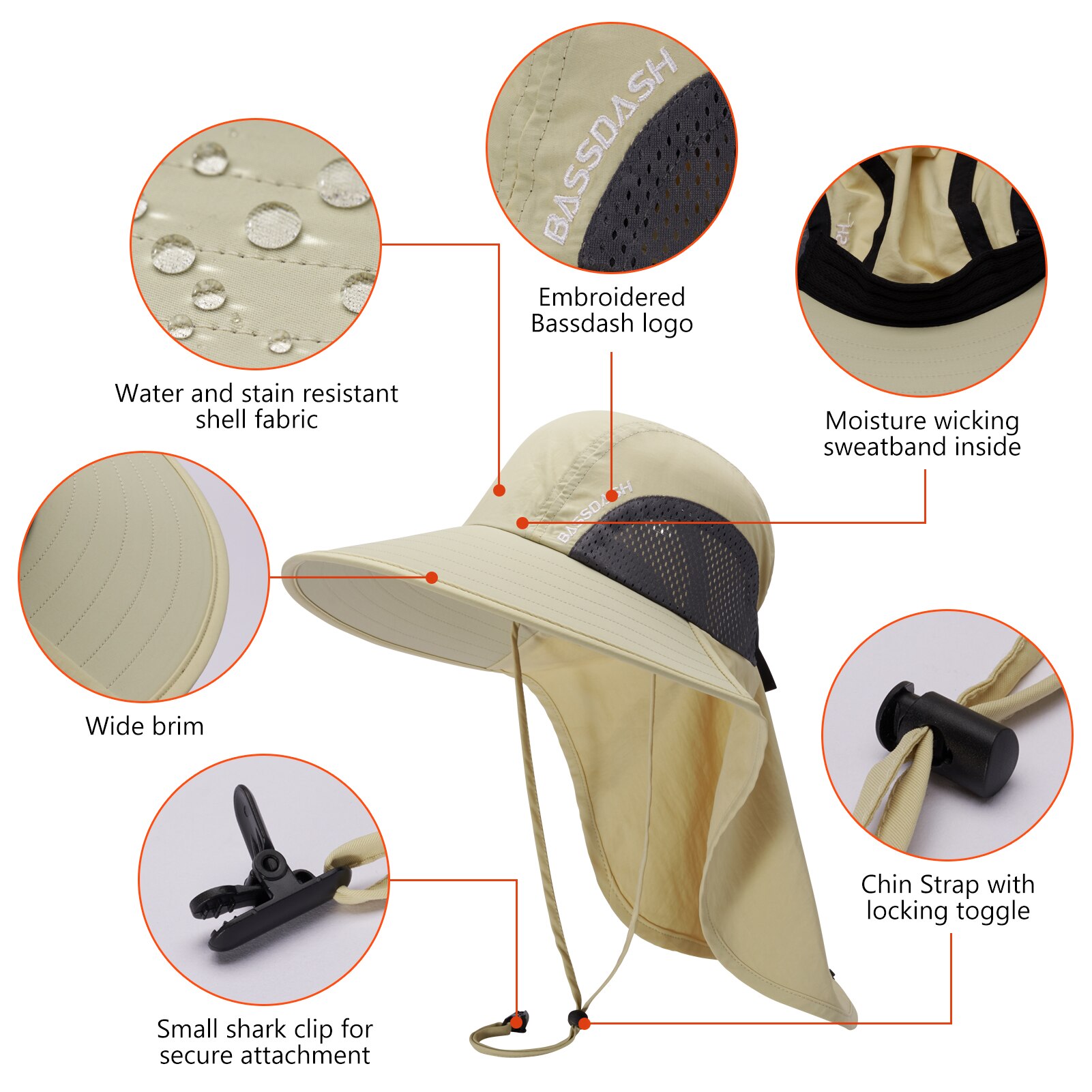 BASSDASH-Sombrero de Sol de ala ancha Unisex, resistente al agua, con solapa de cuello grande, ajustable, para pesca, transpirable
