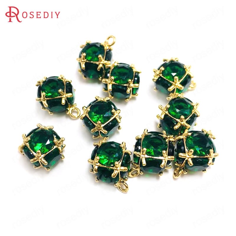 (38109)6PCS Zircon 4MM or 6MM 24K Champagne Gold Color Brass and Zircon Cube Charms Pendants Jewelry Making Supplies Accessories: Green / Cube 6-7MM