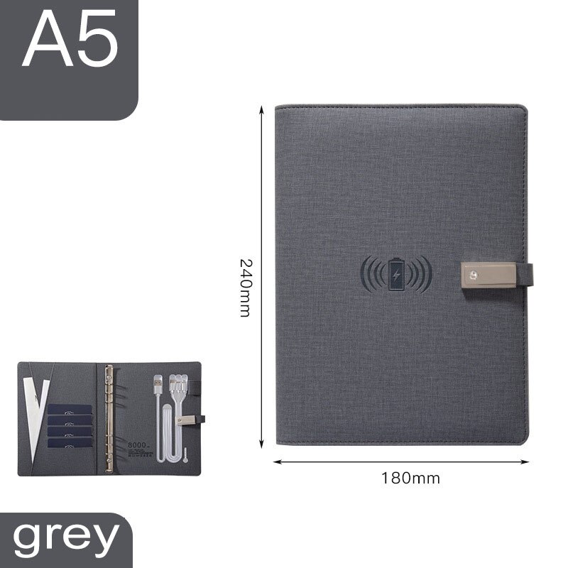 Power Bank – agenda A5 avec chargeur sans fil, 8000 MAh, agenda intelligent, reliure à feuilles mobiles, planificateur spiralé pour bureau: grey