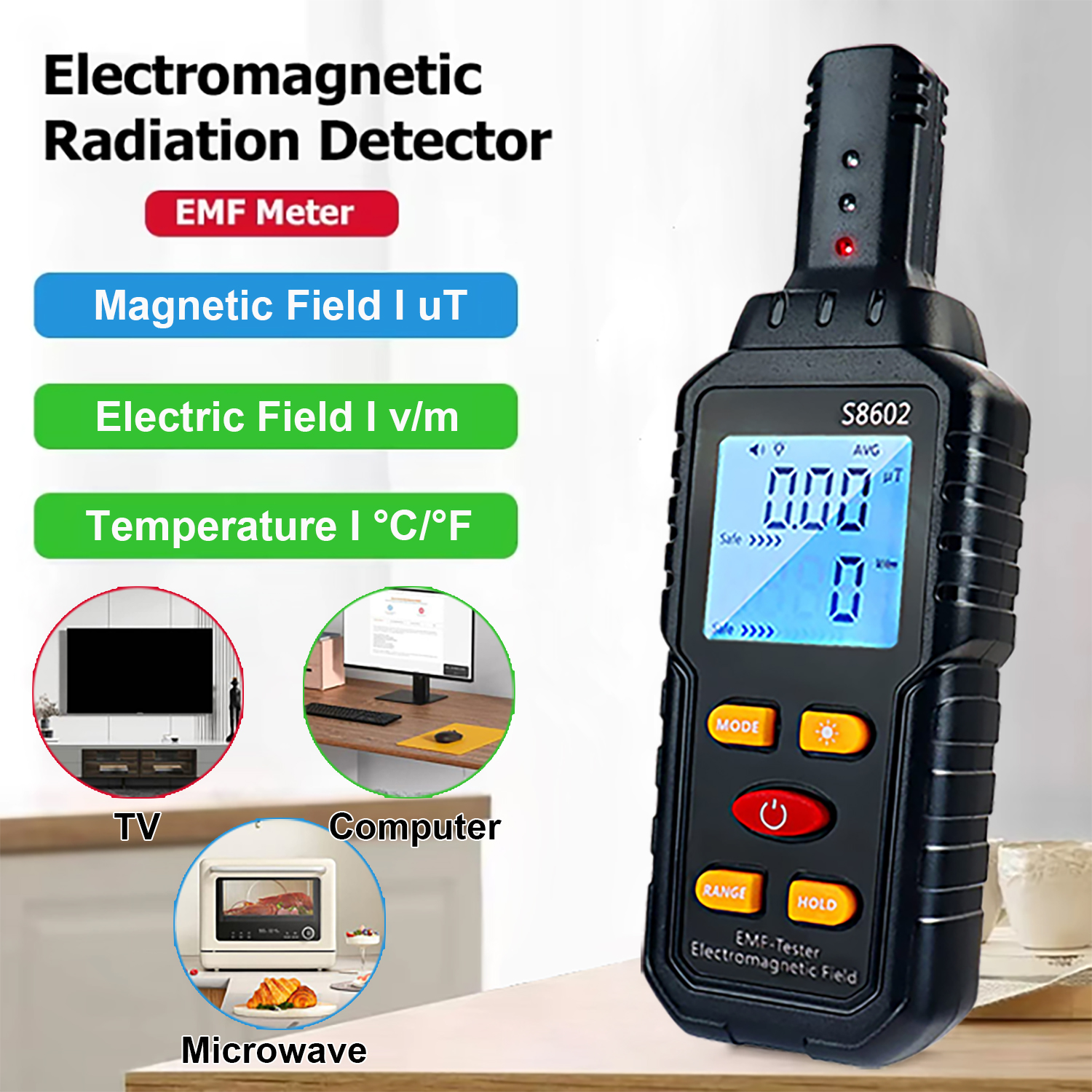 3-in-1-EMF-Messgerät S8602, Strahlungsdetektor für elektromagnetische Felder, EMF-Tester für Zuhause, EMF-Detektor, Geisterjagd-Ausrügestochen