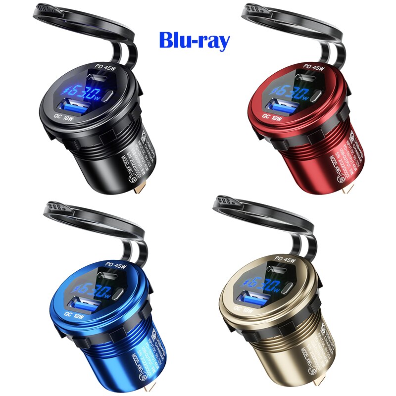 12v-24v usb  + 45w c-schnellladegerät mit led-voltmeter für handy 18w qc3.0 tablet: Blau / Blaues licht