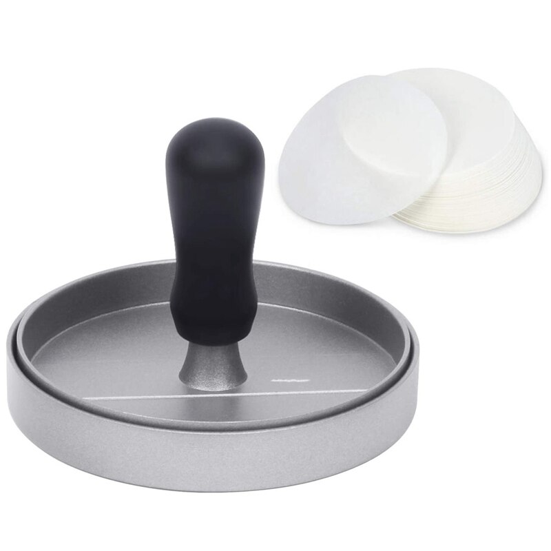 Burgerpress med 100 ark vaxpapper, aluminium non-stick bbq patty mögel med avtagbart handtag, köttbiff hamburgare