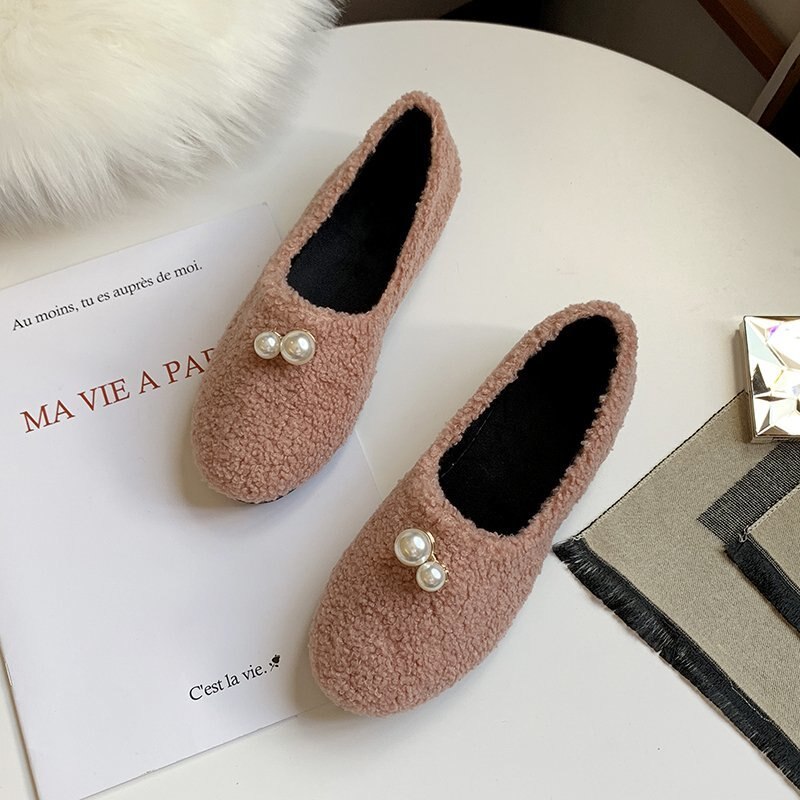 Ull kvinnor lägenheter pärla slip on skor kvinna loafers svarta båt skor plysch päls dam sko zapatos mujer 8720n: Rosa / 40 ( 25cm )