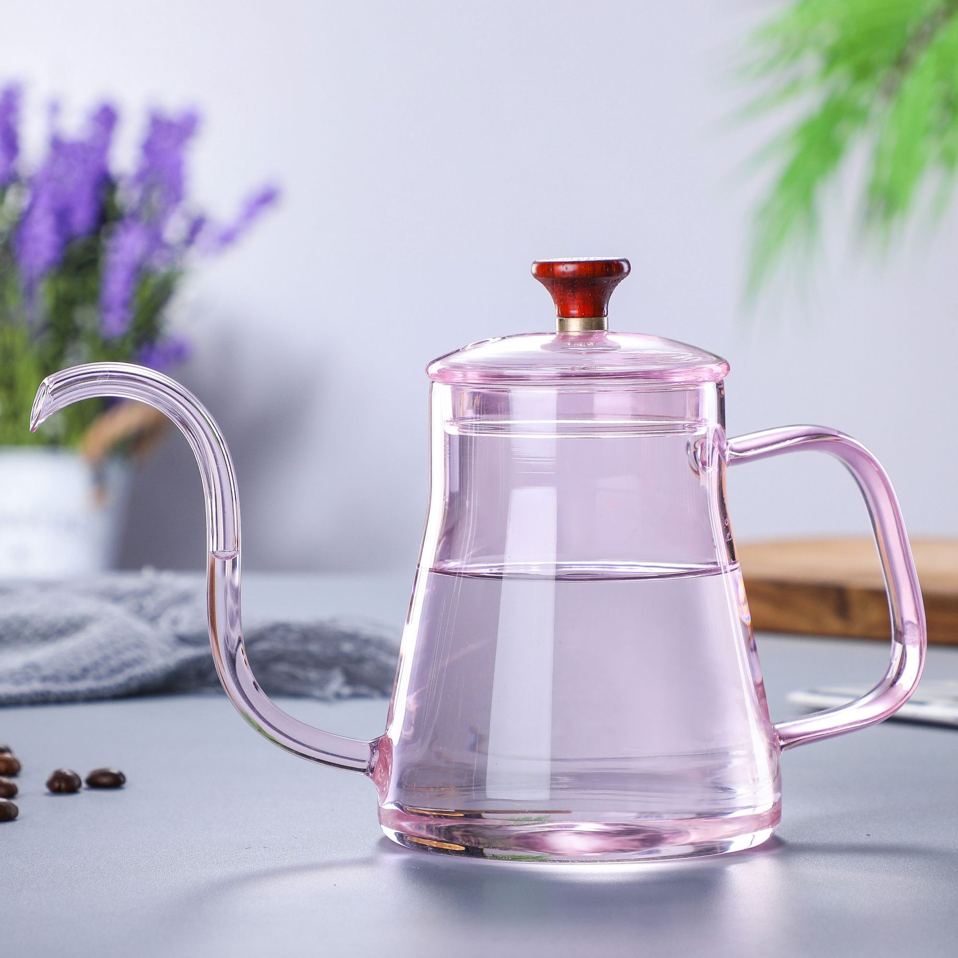 Hand-made Glass Gooseneck Hand Drip Coffee Pot Heat-resistant Glass Pour Over Coffee Tea Kettle Maker for Cafe Barista Gas Stove: 600ML pink