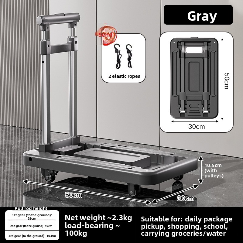 Sammenleggbar håndkjerre, bagasjevogn, flyttevogn for husholdning, lastebil med flatbed, teleskopisk trekkstang, stille universalhjul: Grå