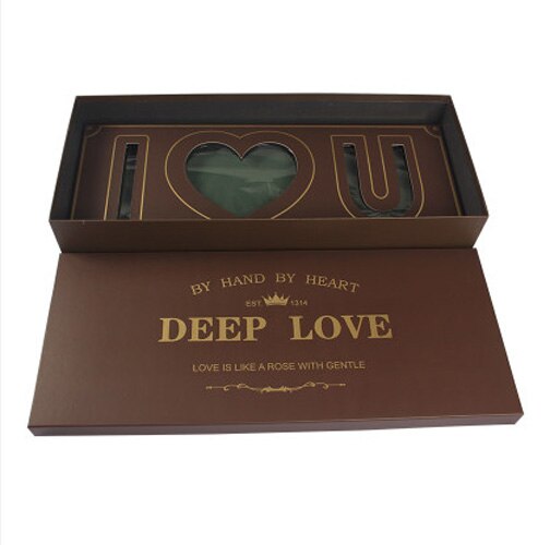 Rectangular Flower Box With Flower Mud Slot Valentine's Day Top Bouquet Packaging Box I Love U Pattern Florist Supply: Coffee