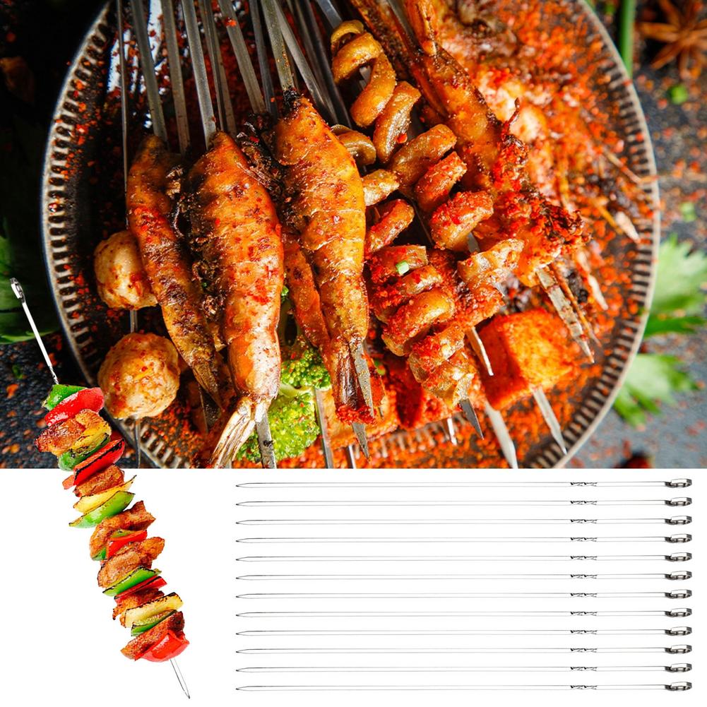 12PCS Kabob Skewers 15 Inch Long Stainless Steel Shish Kebob Sticks Flat Metal BBQ Barbecue Skewer Wide Reusable Grilling Ske