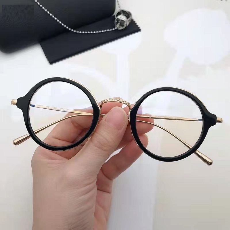 Japanese Handmade Pure Titanium Glasses Frame Ultra-Light Retro Round Men Eyeglasses KMN Women Myopia Reading Eyewear Gafas: Black-Golden