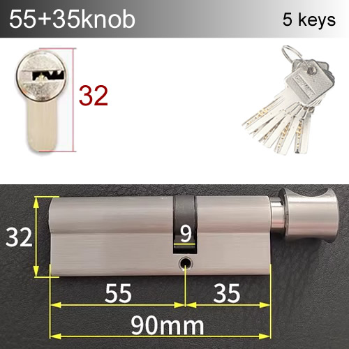 Round handle knob Lock Cylinder height 32mm Length 60-110mm with 5 keys Copper material rust-proof Suitable for wooden doors: Yellow