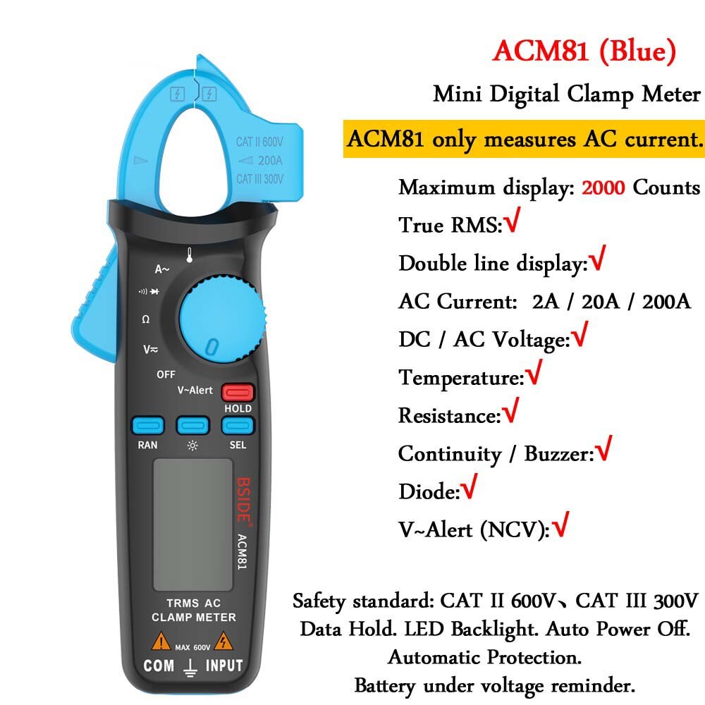 Mini Digital Clamp Meters BSIDE ACM Series True DC AC Current Voltage Ohm Temp Capacitance Hz NCV Tester Ammeter Multimeter: ACM81-blue