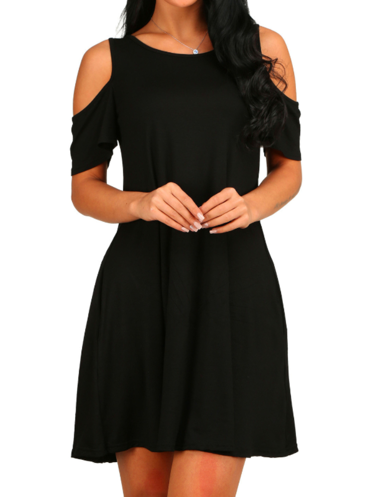 Vestido sexi Vintage con hombros descubiertos, vestido suelto de manga corta para mujer, Mini vestido de Color sólido, Vestidos de para discoteca: XXL / Negro