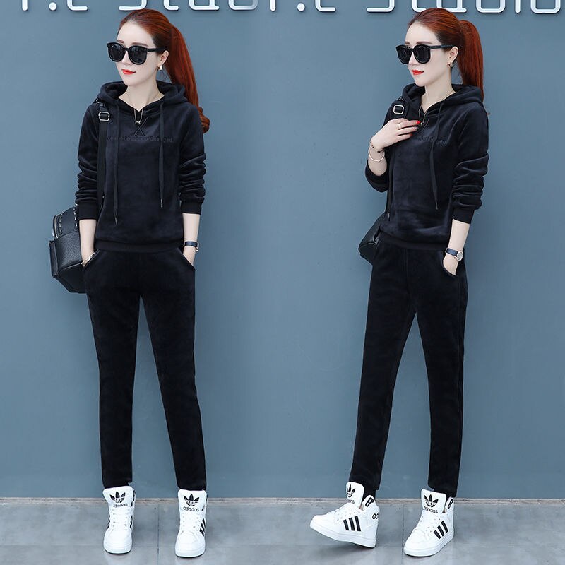 Matching Sets Autumn Plus Size Casual Loose Velvet Tracksuits 2 Pieces Set Women High Elastic Hooded Sweatshirts And Harem Pants: black / XL