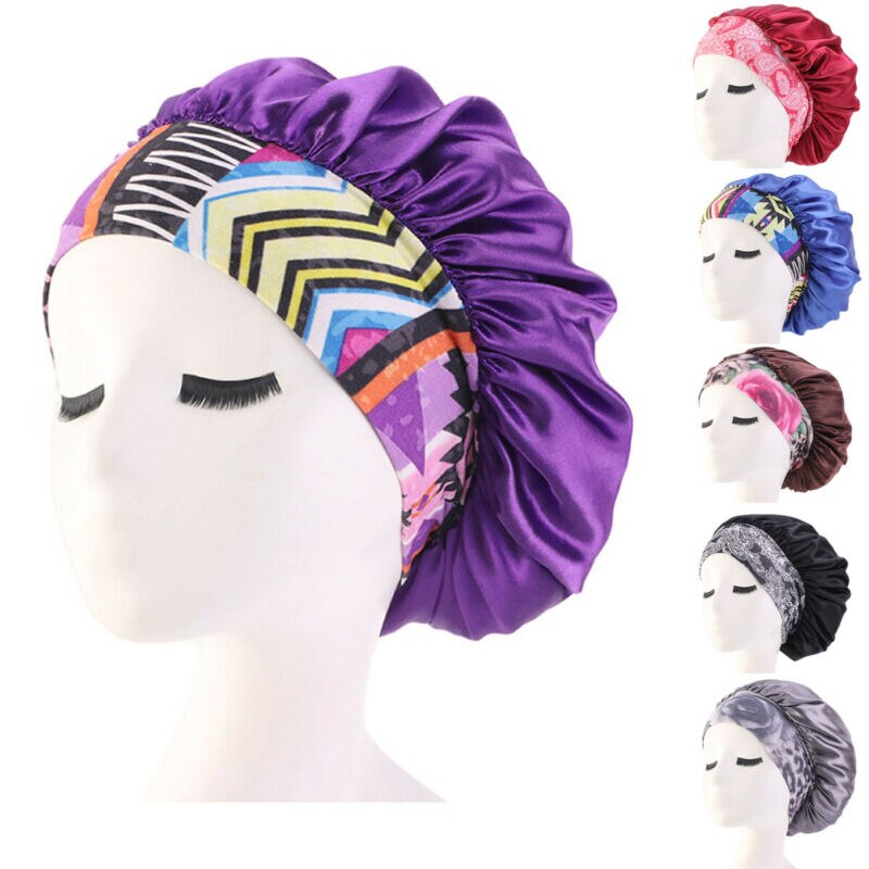 Gorro de satén para salón de belleza para mujer, gorro para dormir, gorro para el pelo, diadema ancha elástica de seda para cabello rizado