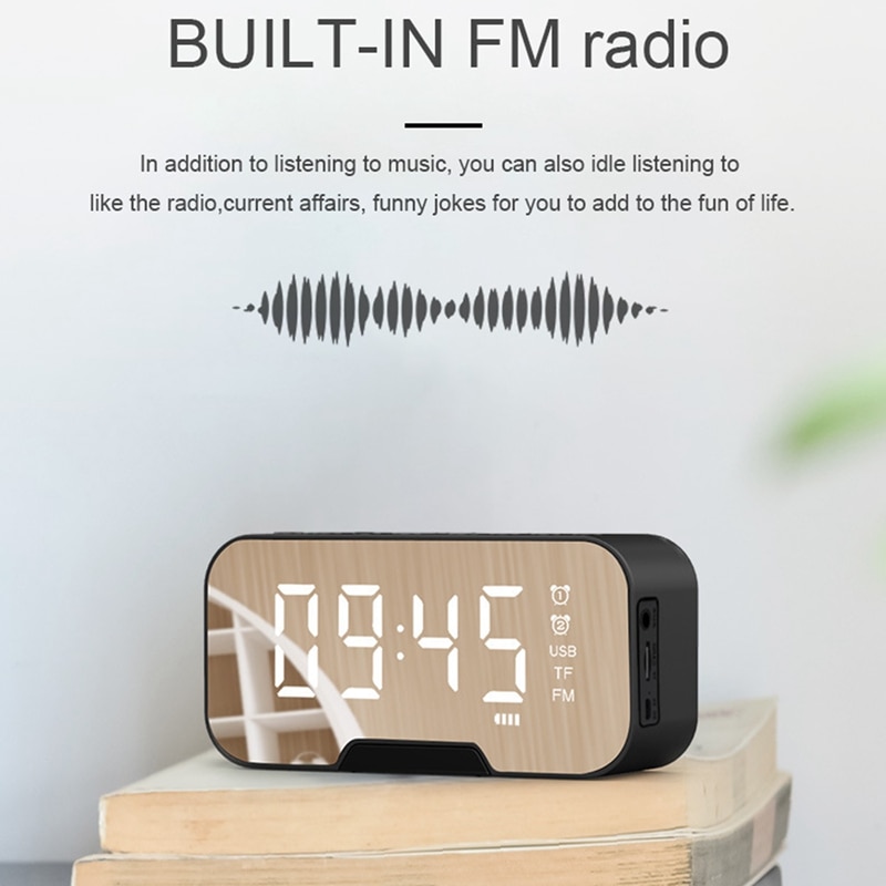 Bærbart led spejl digitale bluetooth højttalere vækkeur  mp3 fm radio klokke vækkeur understøttelse for tre forskellige lysstyrker