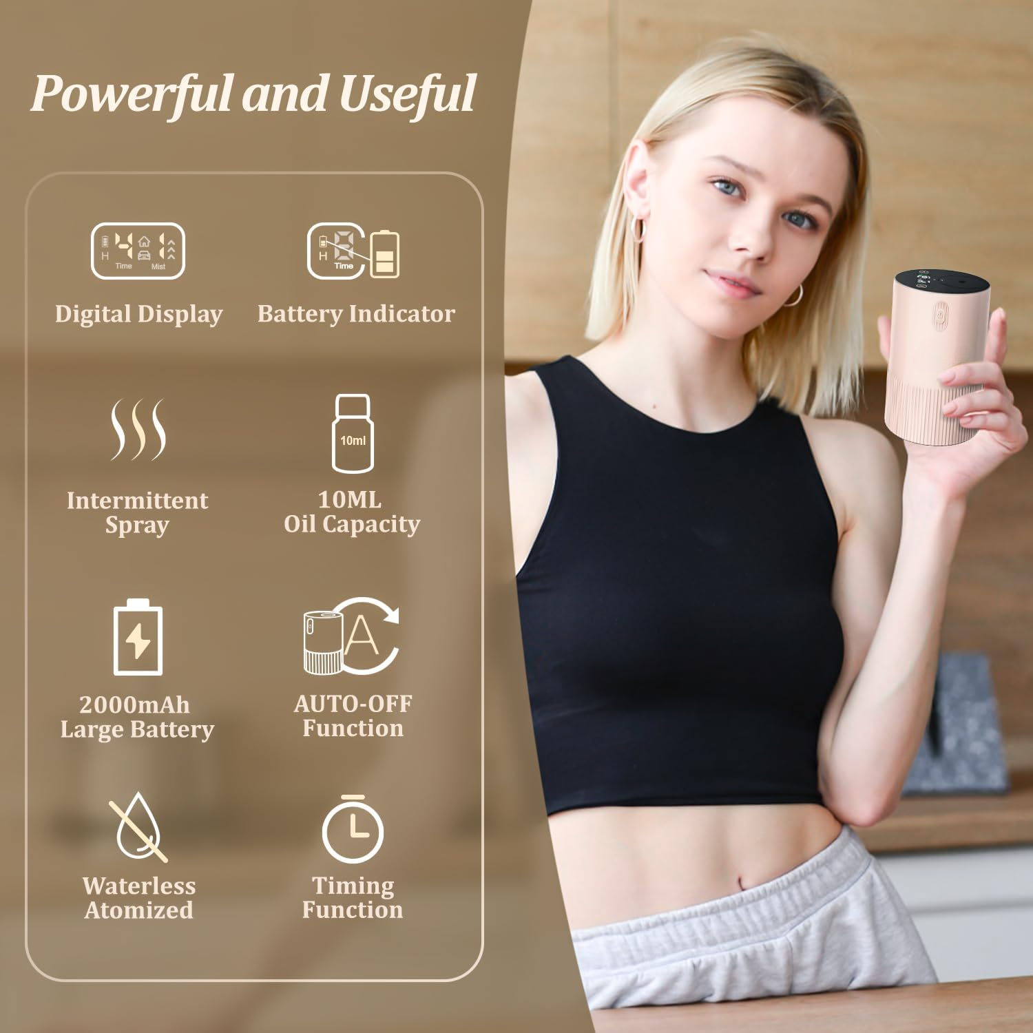 Aromaterapidiffusor för hemmet med batteriindikator, bärbar doftluftsmaskin 1/2/3 och kontinuerlig dimningstimerfunktion