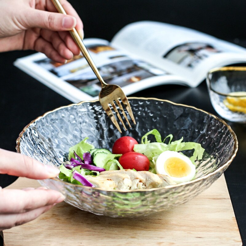 Glas sallad nudelsoppa skål genomskinlig frukost dessert frukt skål tallrik servis tillbehör  pf906199