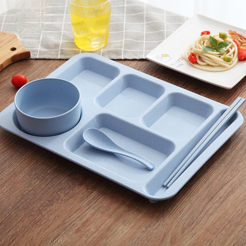 Assiette incassable en plastique, paille de blé, compartiment en plastique, cantine ménage, service de couverts, accessoires de cuisine, service de vaisselle: Bleu